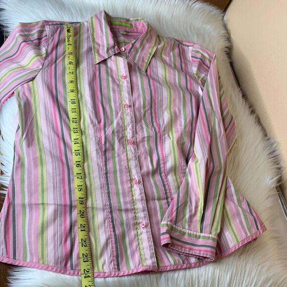 Sigrid Olsen Pink & Green Stripe Button Up Shirt Size Medium - Picture 7 of 9